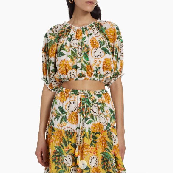 FARM Rio Tops - FARM RIO Tropical Biriba Fruit Puff Sleeve Crop Top, Off-White, Size M, NWT 🇧🇷